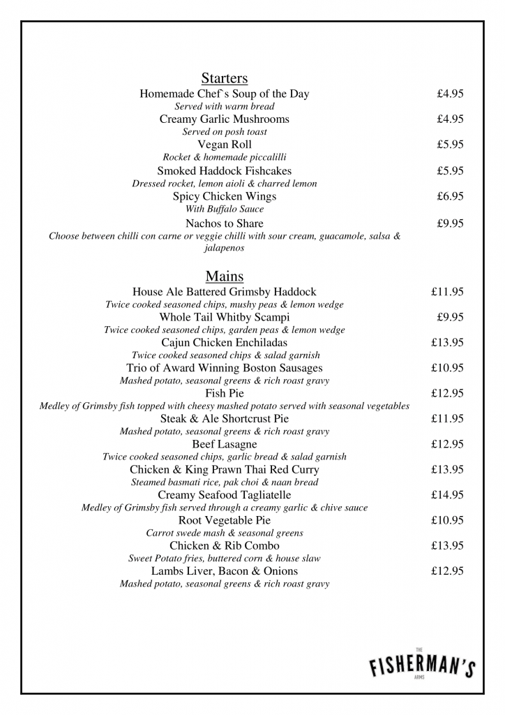 Fishermans Arms Menu Page 1